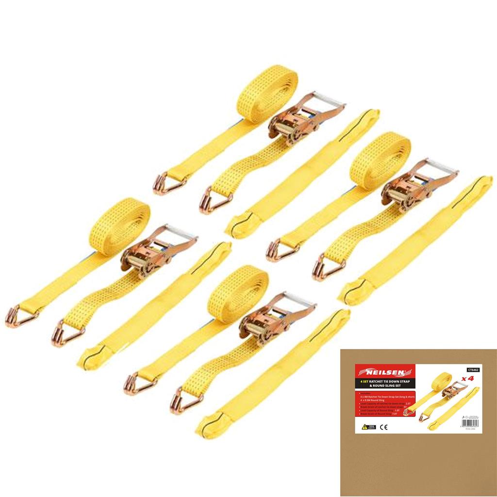 Neilsen 4pc Ratchet Tie Down Cargo Straps 38mm Lashing Truck Trailer Car