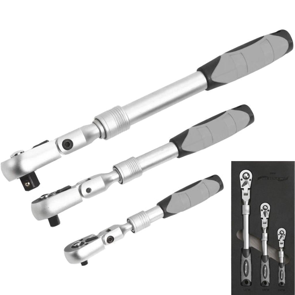 Neilsen 3pc Telescopic Flexible Socket Ratchet Handle Set 1/4" 3/8" 1/2" Set
