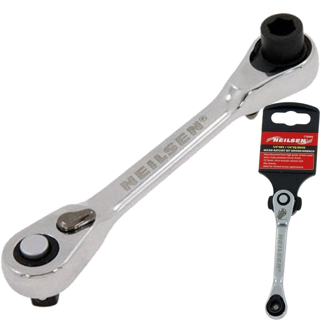 Neilsen 1/4" Hex To 1/4" Square Drive Micro Ratchet Bit Driver Wrench Tool