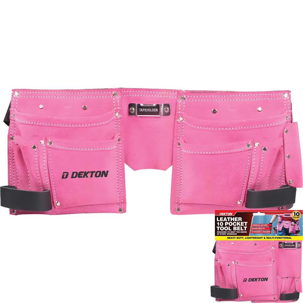 Dekton 10 Pocket Pink Leather Tool Nail Screw Pouch Belt Hammer Loop