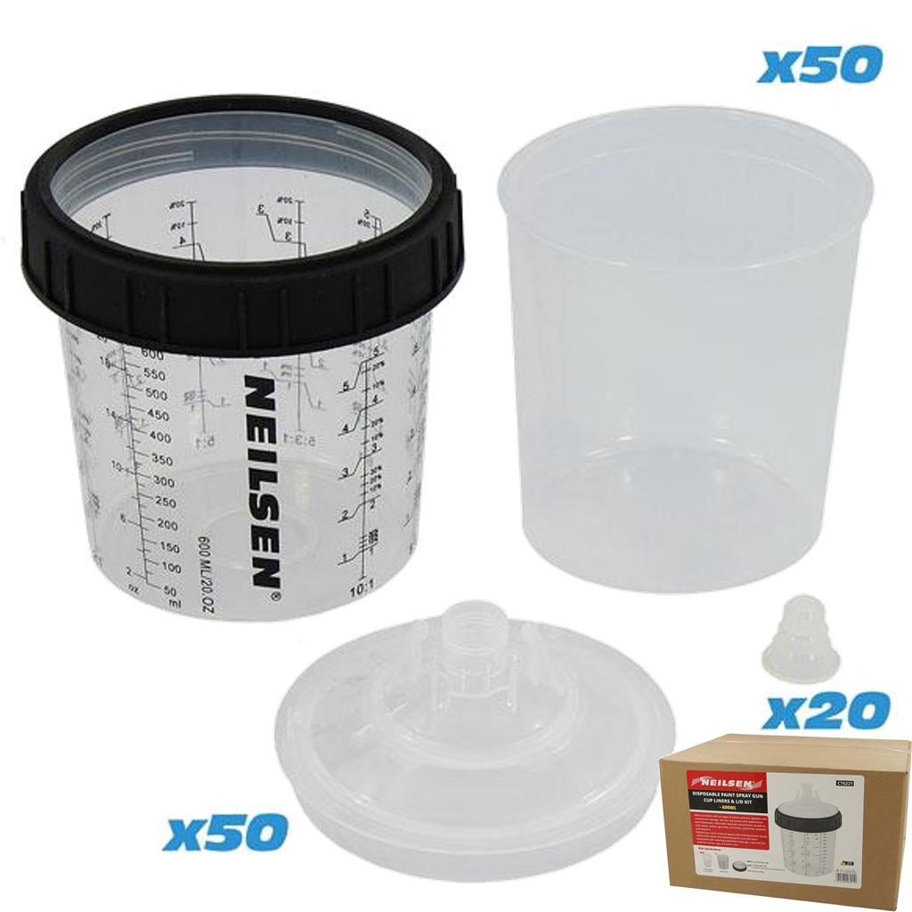 Neilsen Disposable Paint Sprayer Spray Gun Mixing Liners & Lid Kit Cup 600ml