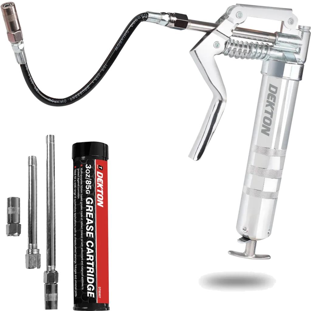 Dekton 6pc Manual Grease Gun Lever Pistol Grip Cartridge Type Flexi Hose 30oz