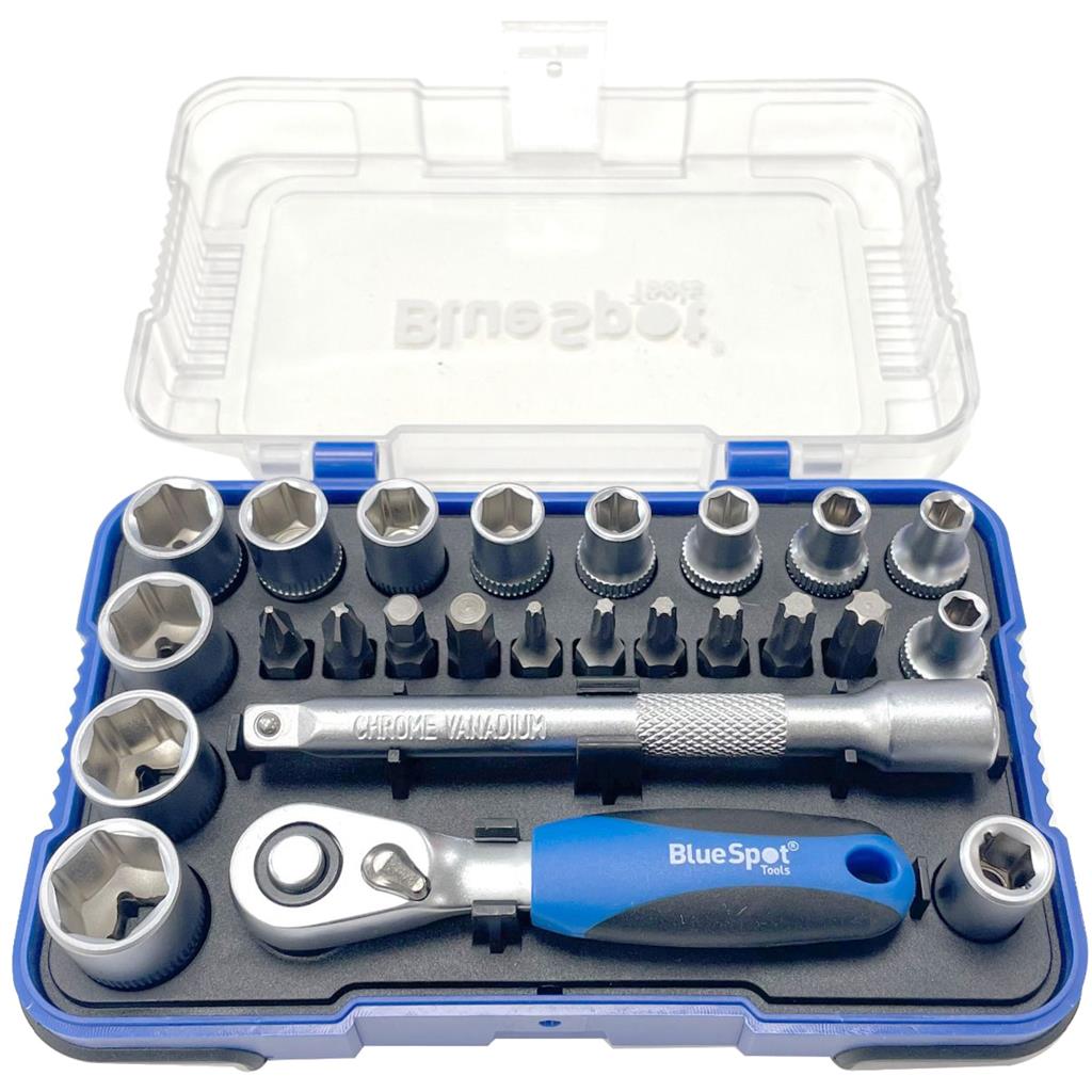 BlueSpot 25pc Screwdriver Bit Offset Ratchet Handle Socket Set 1/4" Hex Torx Pz