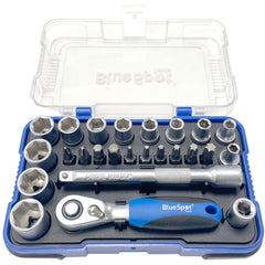 BlueSpot 25pc Screwdriver Bit Offset Ratchet Handle Socket Set 1/4" Hex Torx Pz