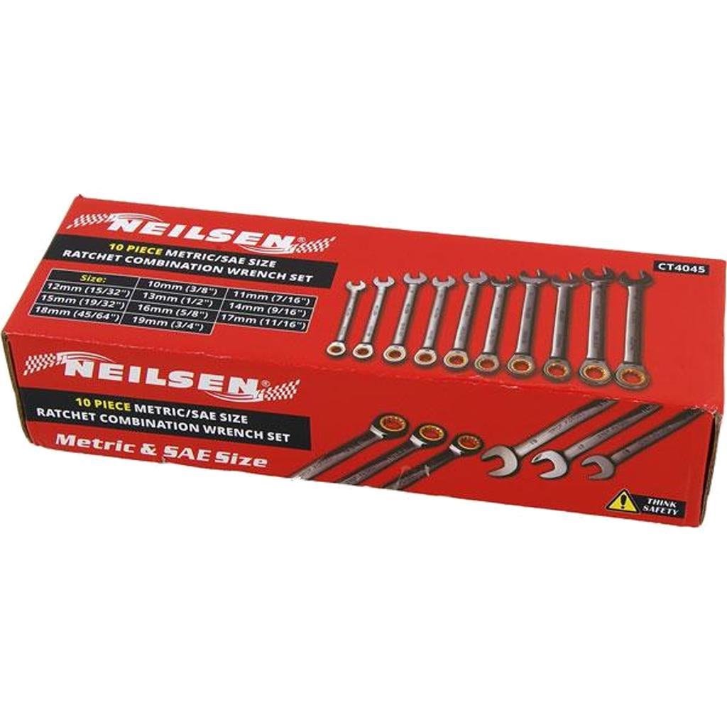 Neilsen 10pc Ratchet Metric SAE Combination Spanner Wrench Set 10mm - 19mm