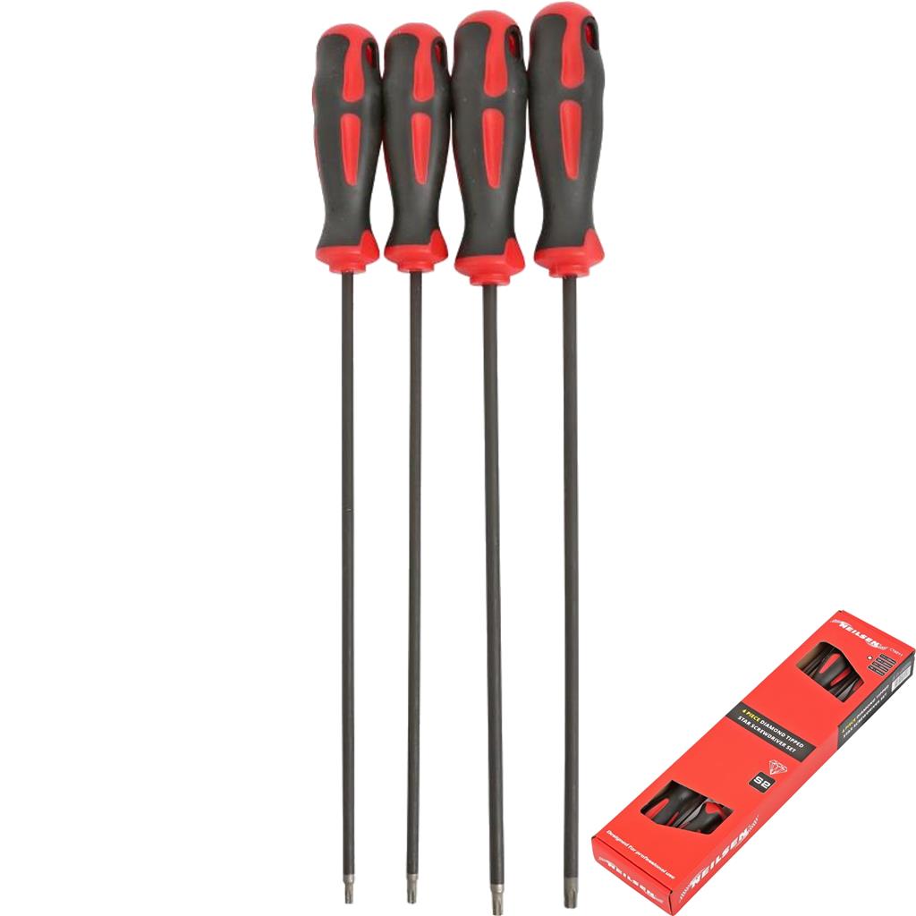 Neilsen 4pc Soft Grip Diamond Tipped Extra Long Star Screwdriver Set T15 - T30