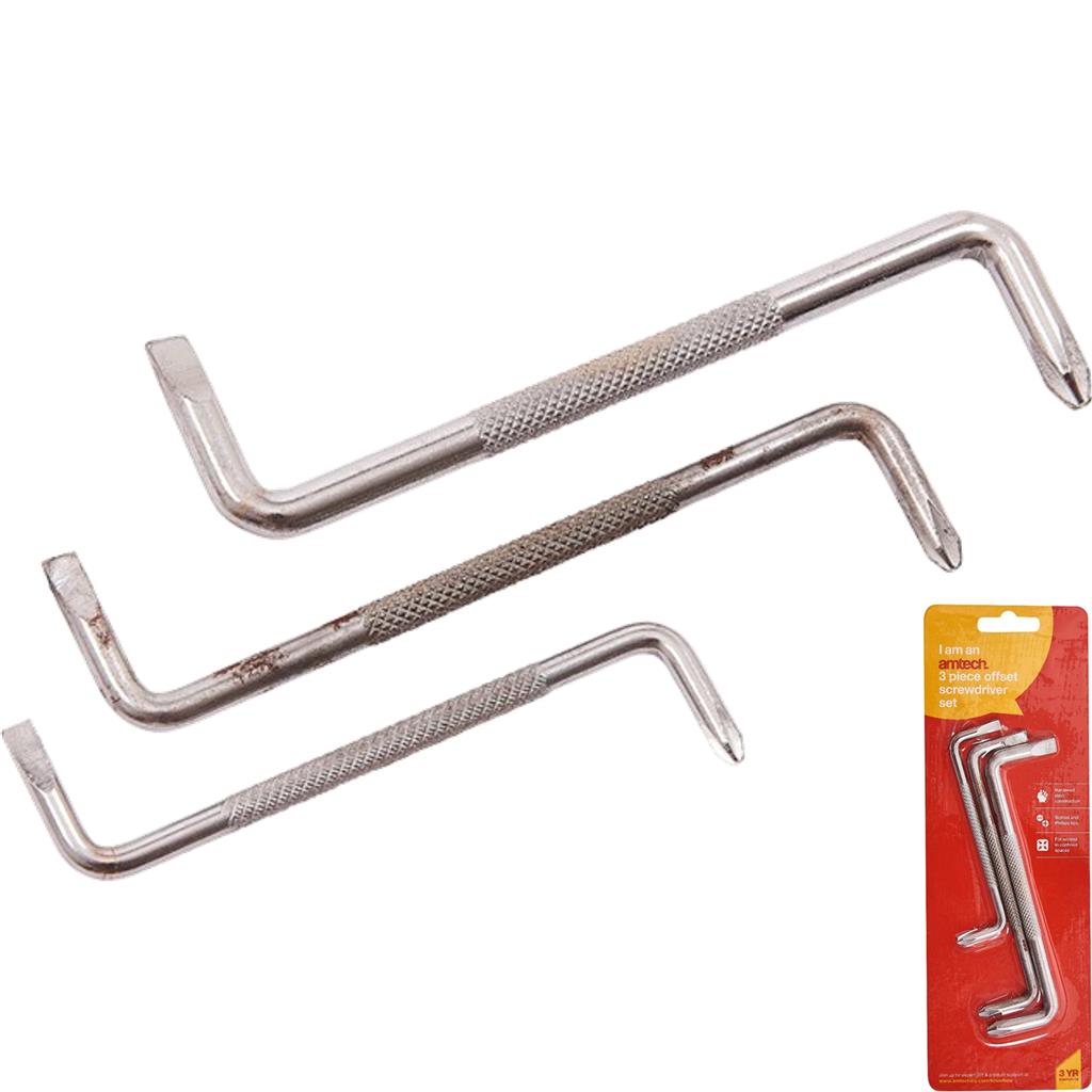 Amtech 3pc Offset Screwdriver Cranked Right Angle Tight Crosshead Flat Pozi Set