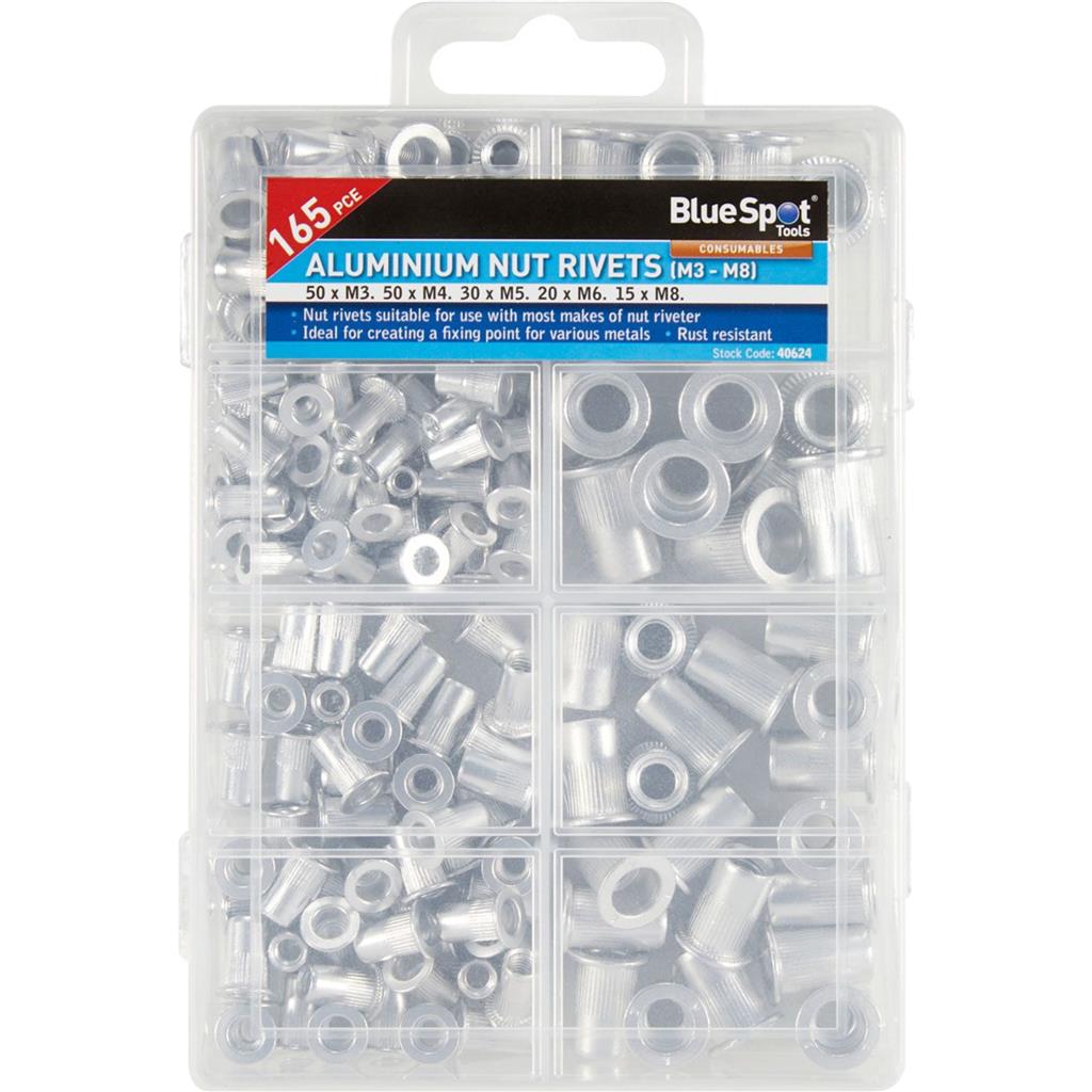 Bluespot 165pc Assorted DIY Workshop Hardware Storage Aluminium Nut Rivets Set