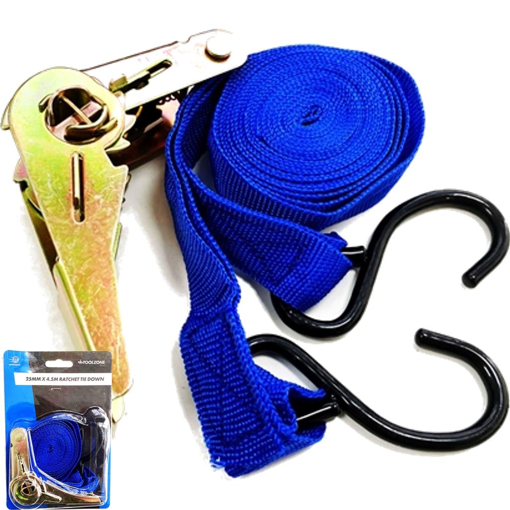 Toolzone Ratchet Tie Down Cargo Straps 38mm Lashing Truck Trailer Car 4.5M