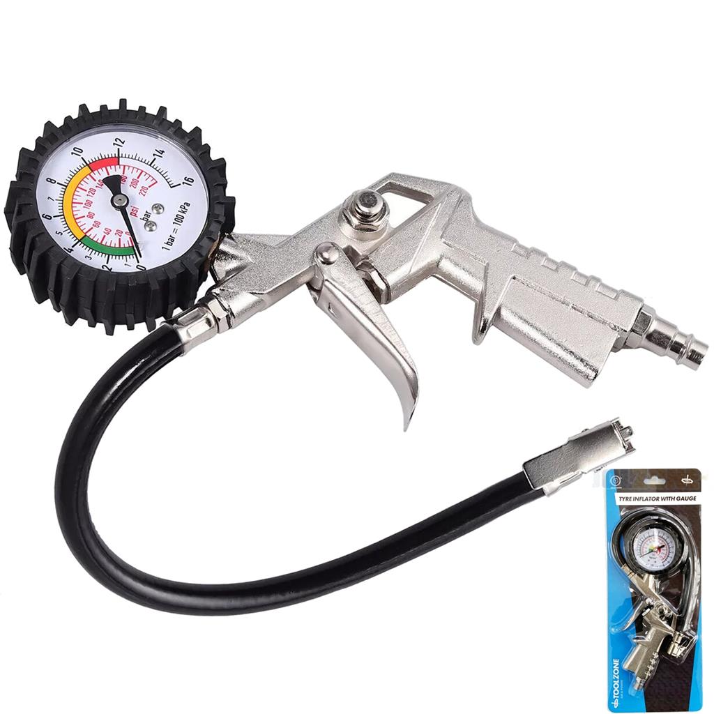 Toolzone Air Line Tyre Pump Inflator Pressure Dial Gauge Compressor 1/4" BSP