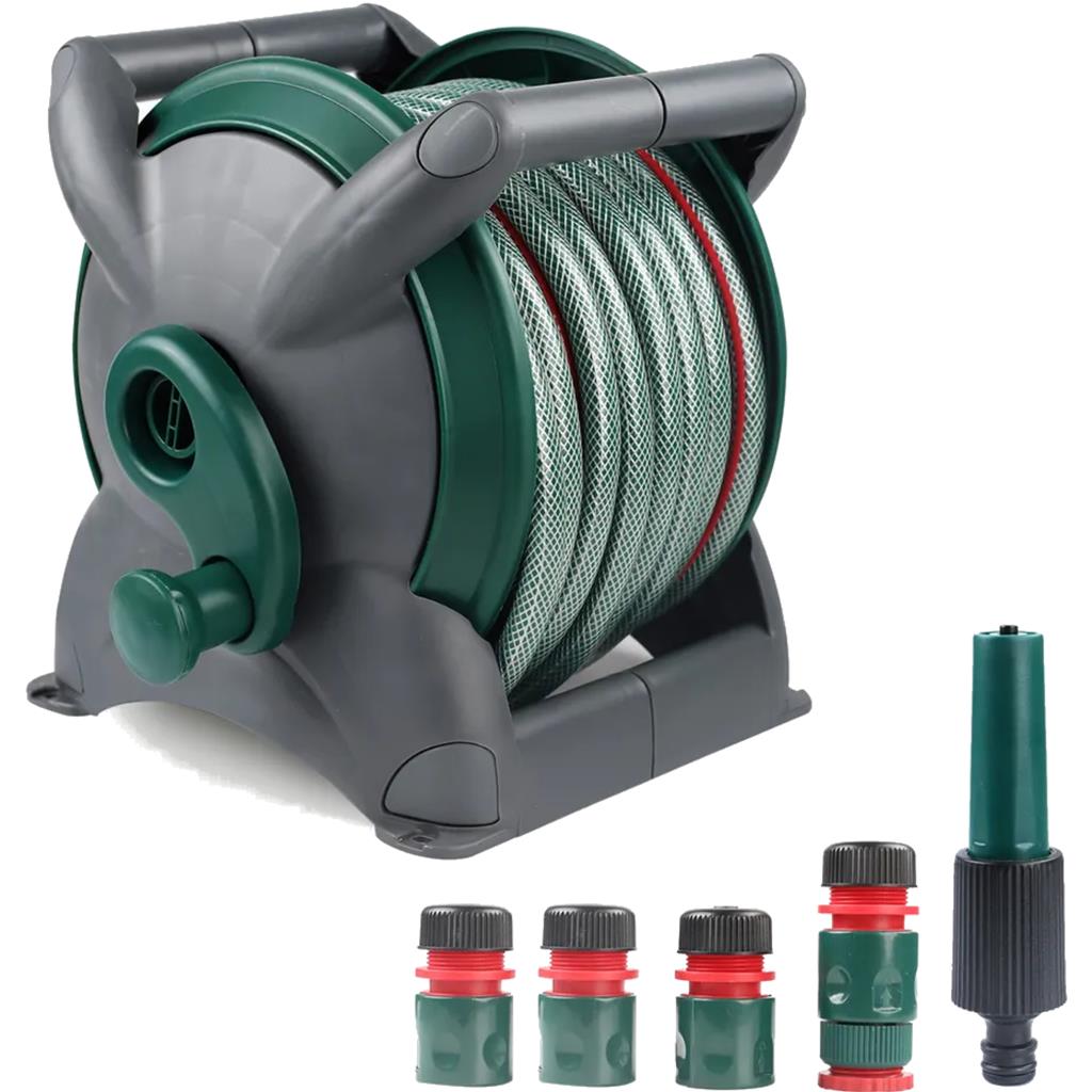 Dekton 20m Compact Outdoor Watering Garden Hose Reel Cart With Spray Nozzle Kit