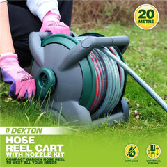 Dekton 20m Compact Outdoor Watering Garden Hose Reel Cart With Spray Nozzle Kit