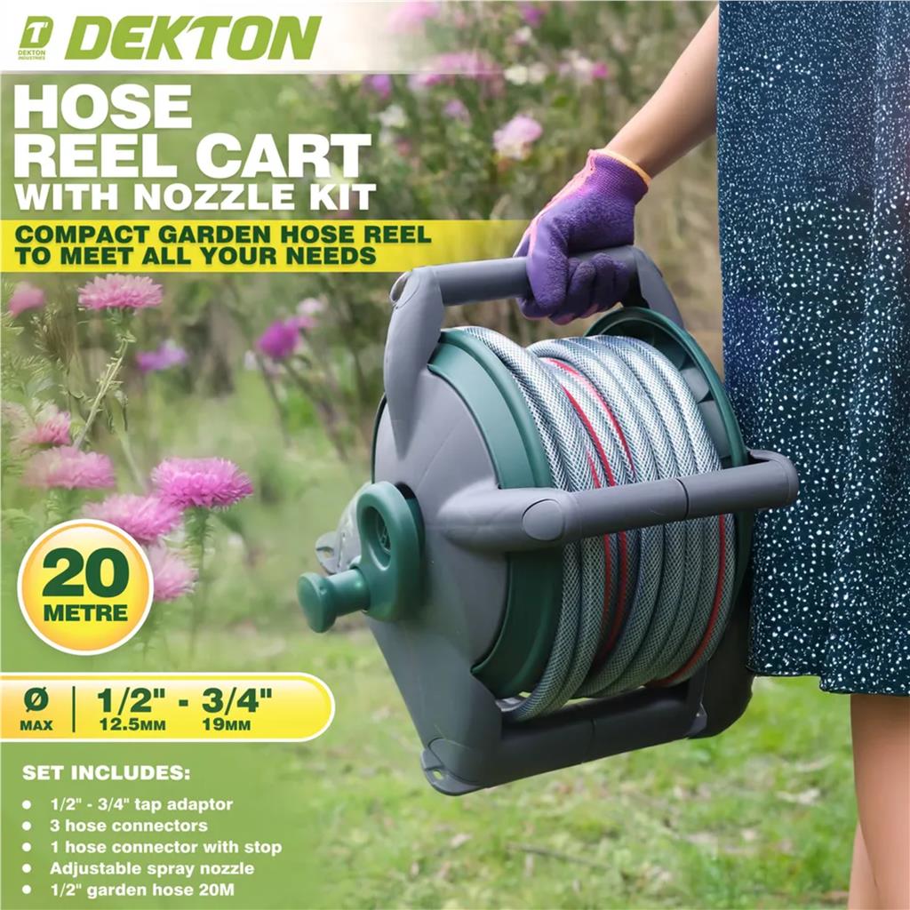Dekton 20m Compact Outdoor Watering Garden Hose Reel Cart With Spray Nozzle Kit