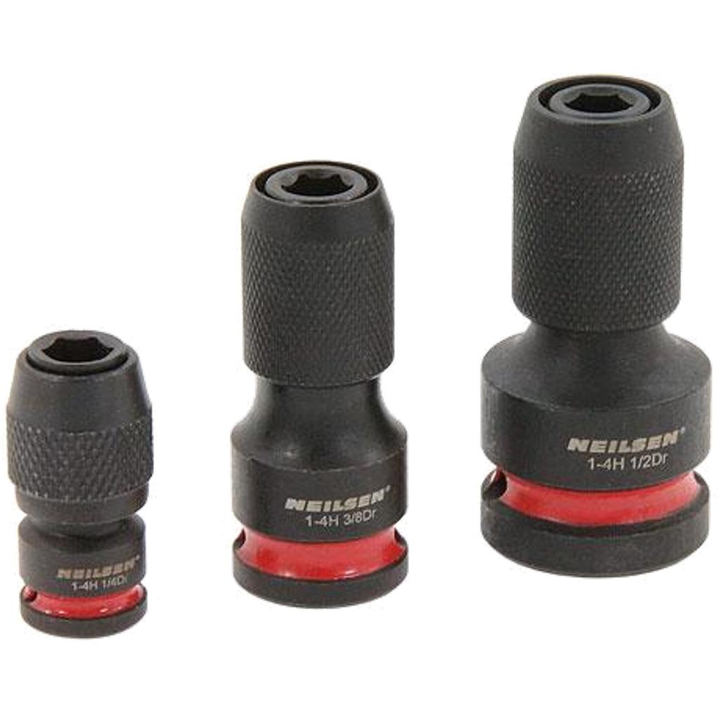 Neilsen 3pc Impact Bit Converter Quick Release Adapter 1/4" 1/2" 3/8" Set