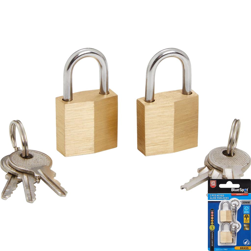 Bluespot 2pc 20mm Short Shackle Outdoor Security Brass Padlock & Keys Alike