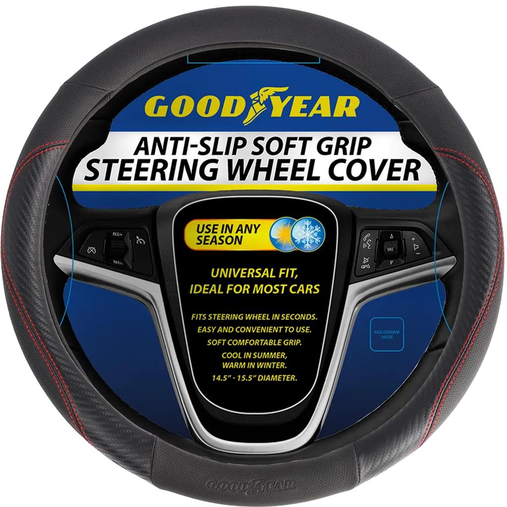 Goodyear Steering Wheel Glove Cover Black & Red Stitching Leather Look Universal