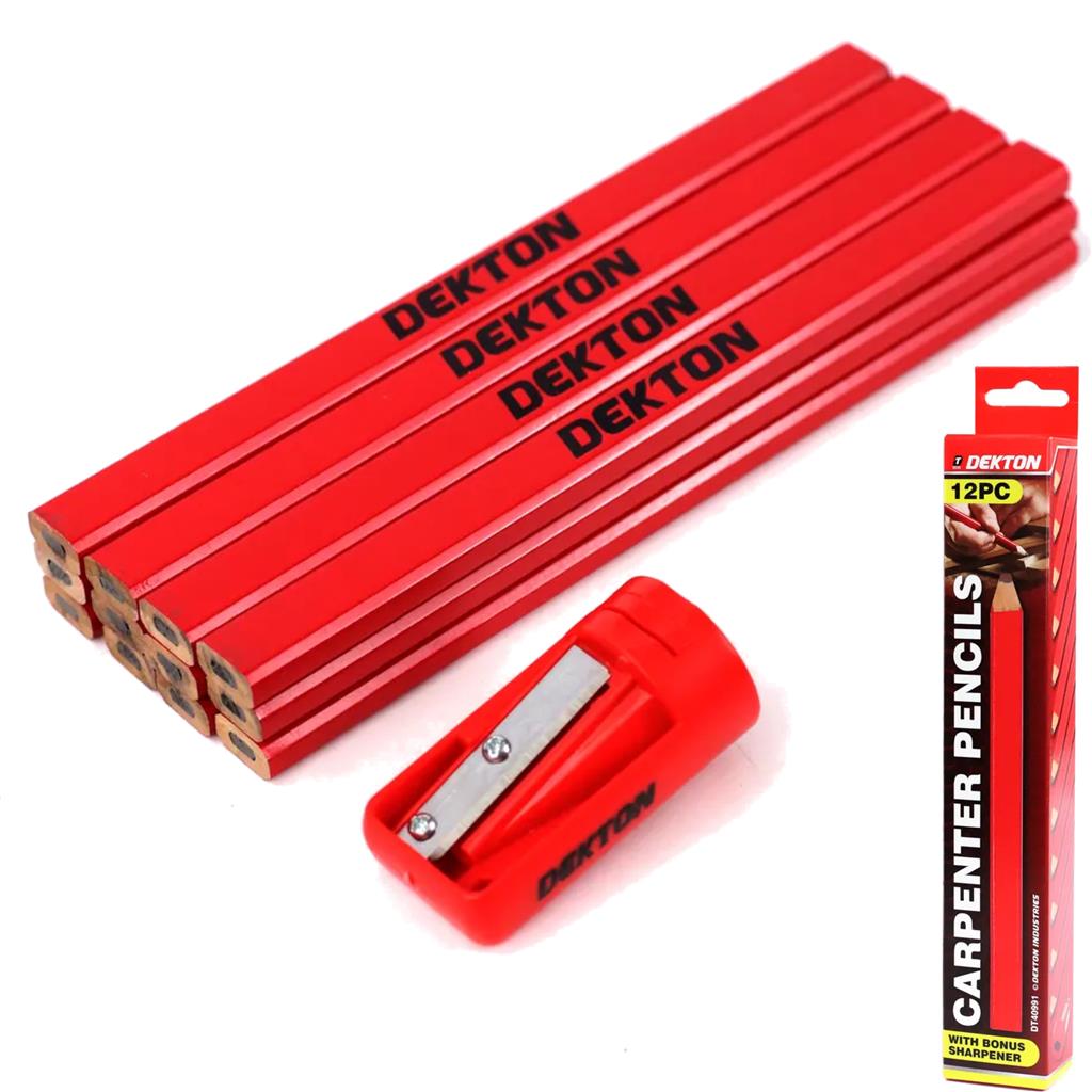 Dekton 12pc Hardwood Carpenters Pencils Builders Woodwork Joiners Sharpener Set