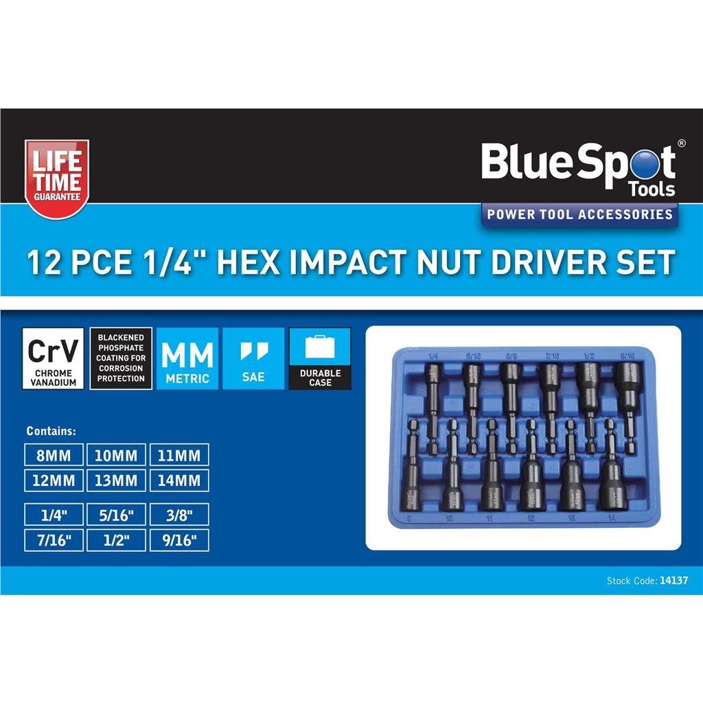 Bluespot 15pc Nut Driver Socket Set Impact Drill Metric SAE Bits Hex 1/4"