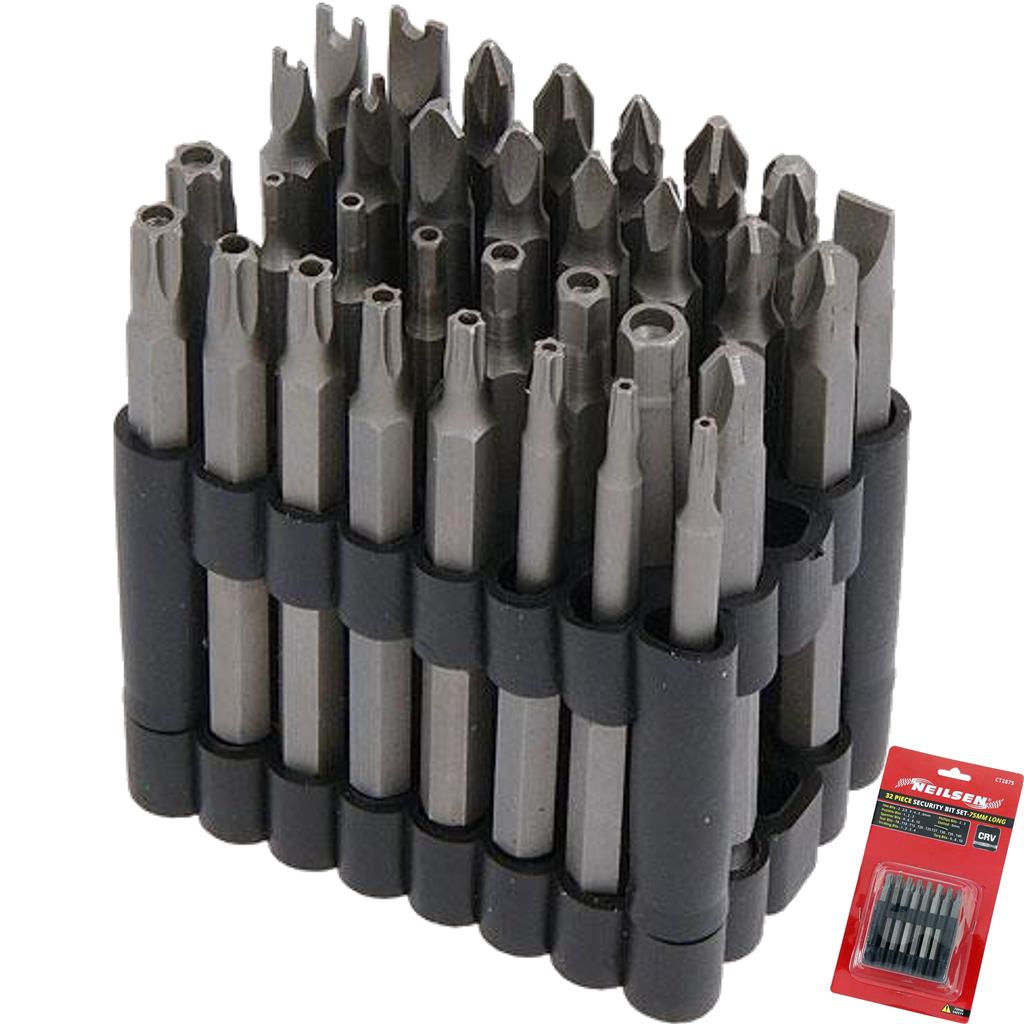 Neilsen 32pc Security Extra Long Screwdriver Bit Set Hex Hex Slotted Torx Star