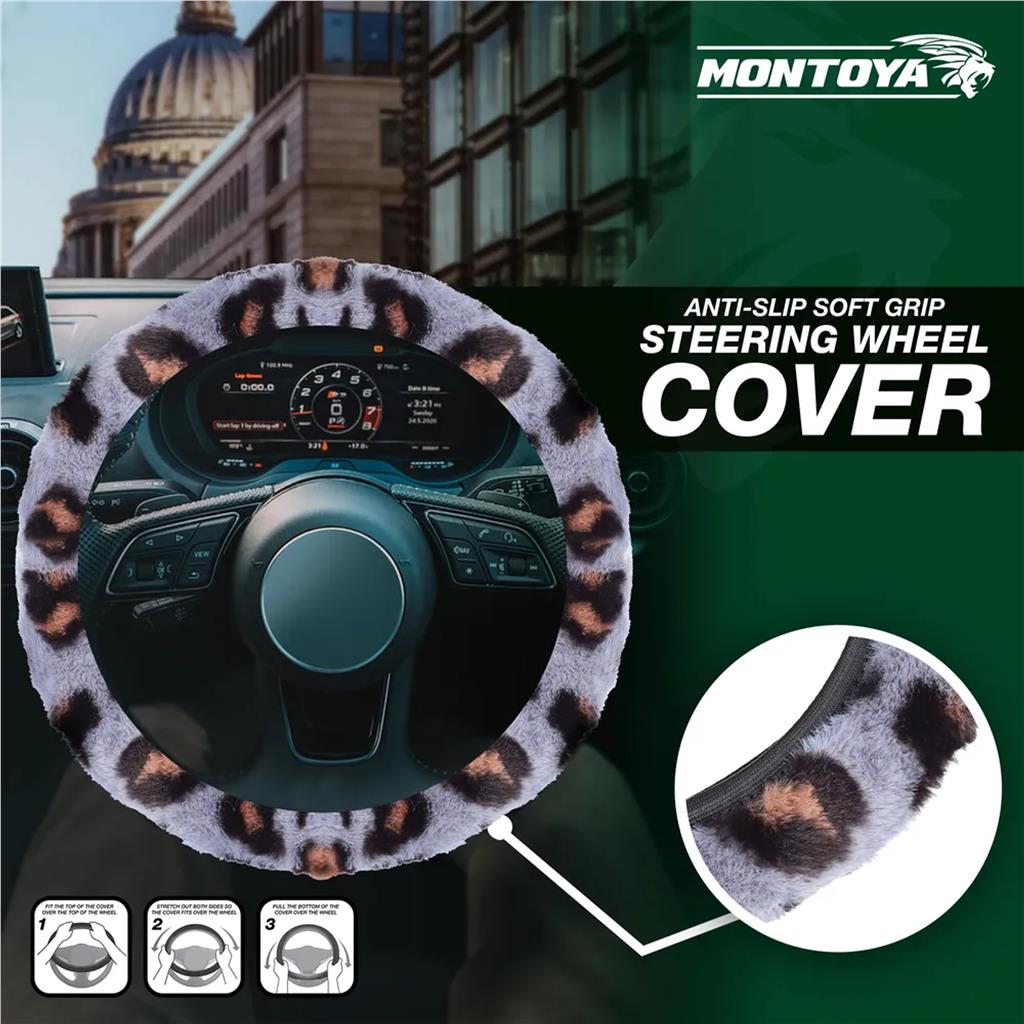 Montoya Steering Wheel Glove Cover Soft Grip Full Leopard Grey Print Universal