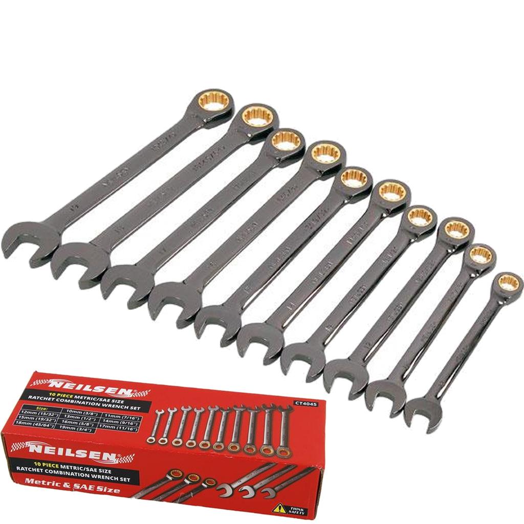 Neilsen 10pc Ratchet Metric SAE Combination Spanner Wrench Set 10mm - 19mm