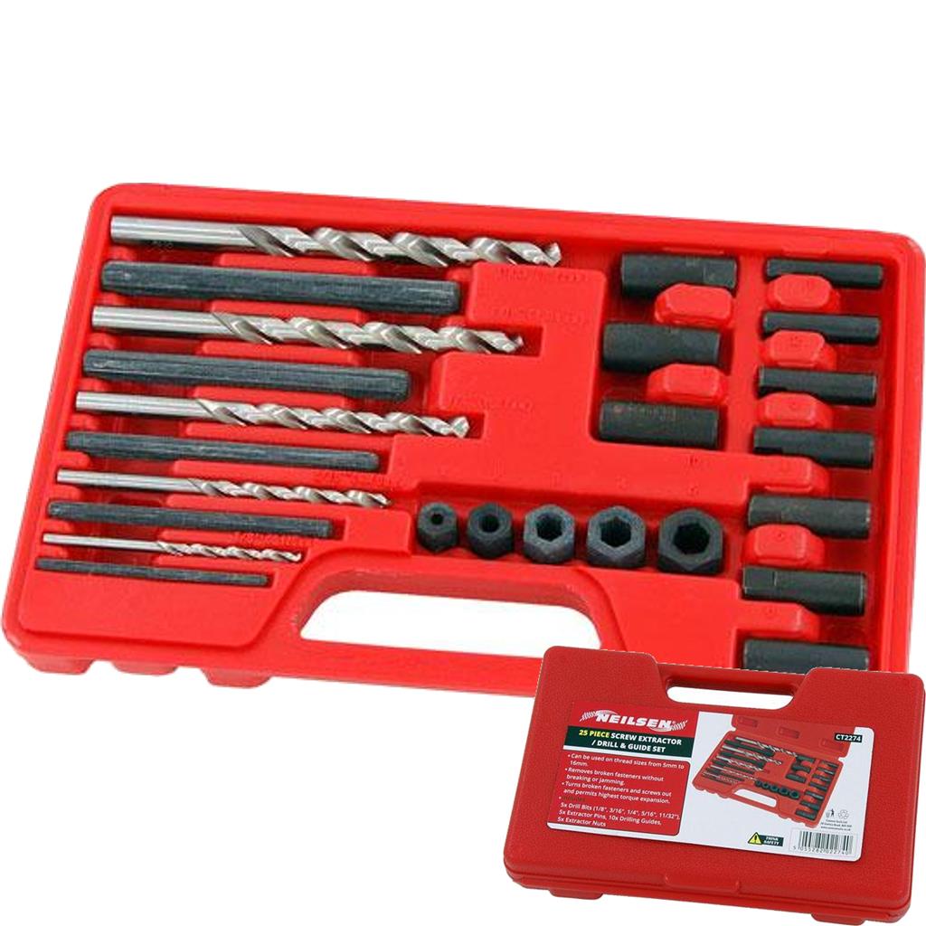 Neilsen 25pc Screw Bolt Extractor Drill Bits Set Broken Damaged Screws Remover