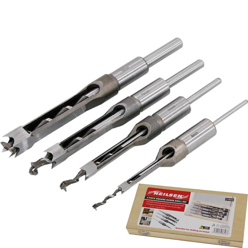 Neilsen 4pc Wood Square Auger Drill Bit Woodwork Mortice Hole Cutter Set