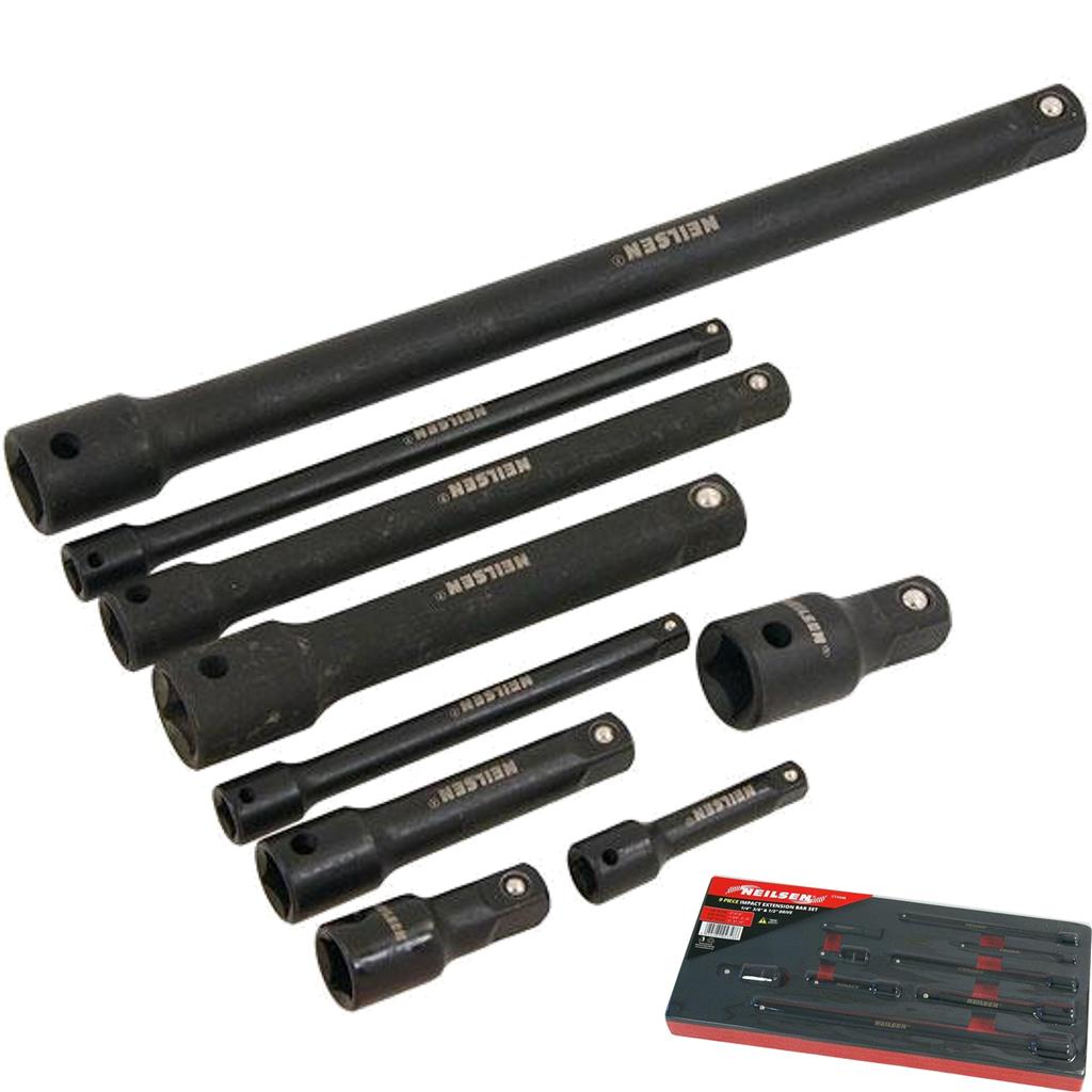 Neilsen 9pc 1/4" 3/8" 1/2" Impact Socket Extension Bar Set Extra Long 2" - 10"