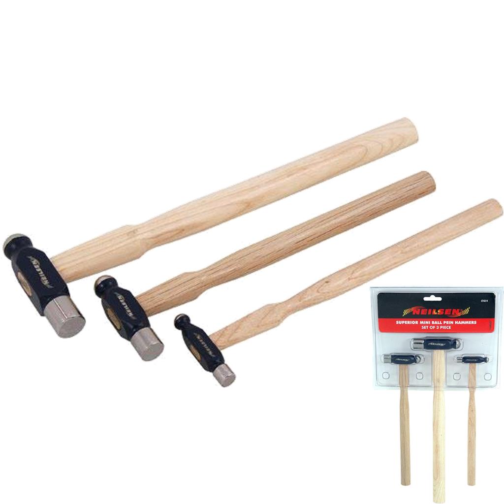 Neilsen 3pc Wooden Handle Pin Hammer Cross Ball Pein Tack Small Lightweight Set