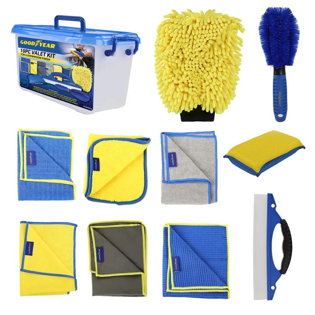 Goodyear 10pc Car Detailing Brush Cloth Interior Wheel Valet Pro Cleaning Kit