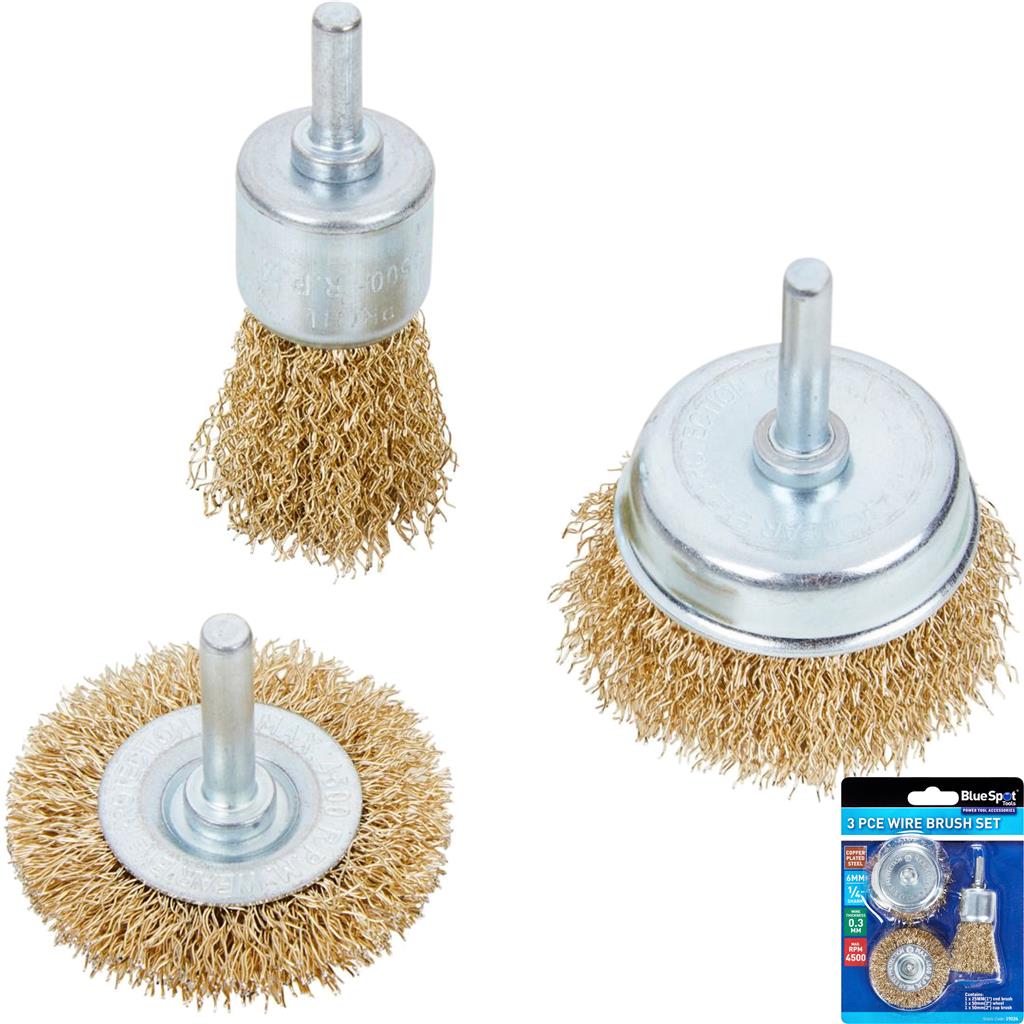 Bluespot 3pc Rotary Brass Steel Wire Brush Crimp Cup Set wheel For Drill 1/4"