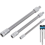 BlueSpot 3pc Socket Flexible Extension Bar 1/4" 3/8" 1/2" Drive Set Long Reach