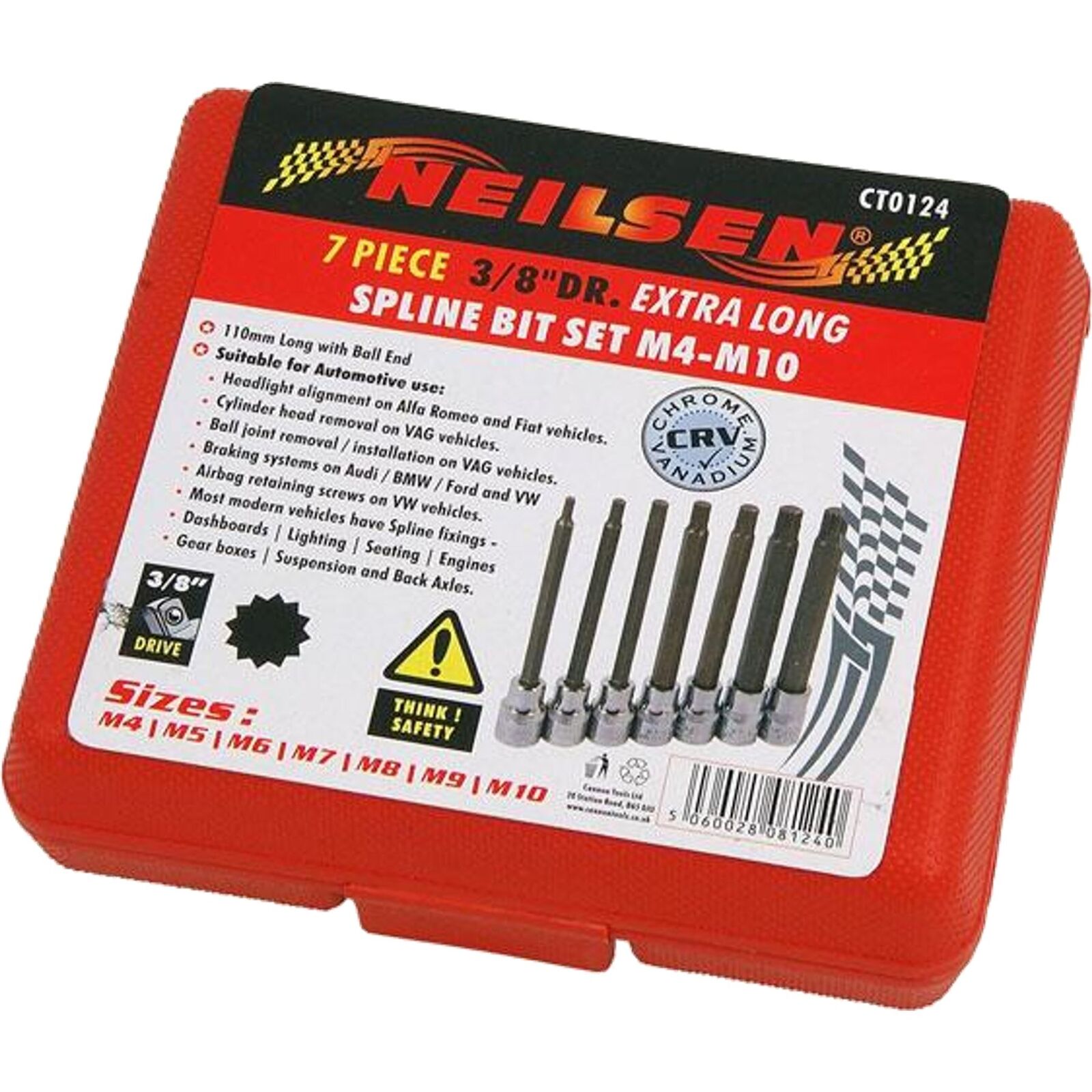 Neilsen 7pc Extra Long Spline Hex Bit Set 3/8" Drive Socket 4mm - 10mm