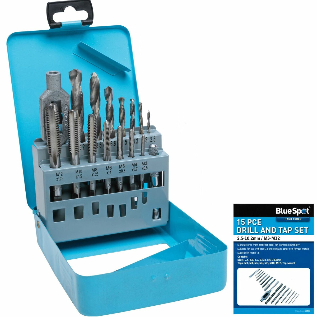 Bluespot 6pc Tap and Drill Bit Set Metric M3 M4 M5 M6 M8 M10 M12 Thread Cutter