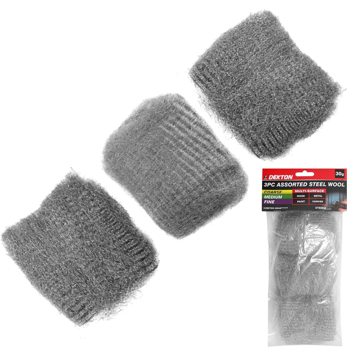 Dekton 30g Steel Wire Wool Fine Assorted For Rust Brass Copper Metal 3pc