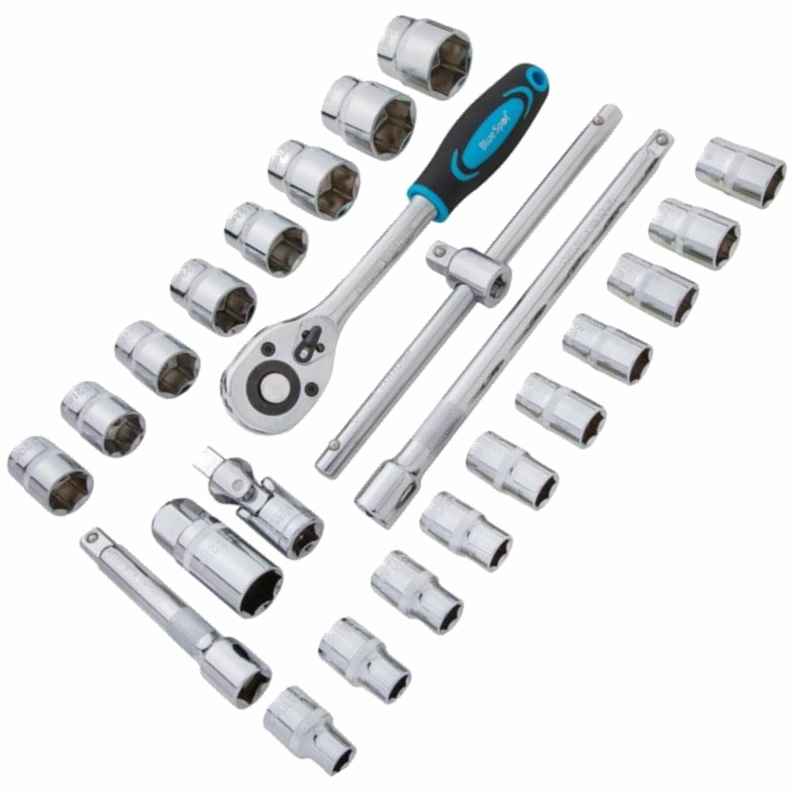 Bluespot 24 Pc Metric Socket Set Ratchet Extention Bar 1/2" Drive 10mm to 32mm