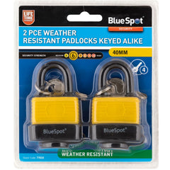 Bluespot 2pc Waterproof 40mm Steel Shackle Outdoor Security Padlock & Keys Alike