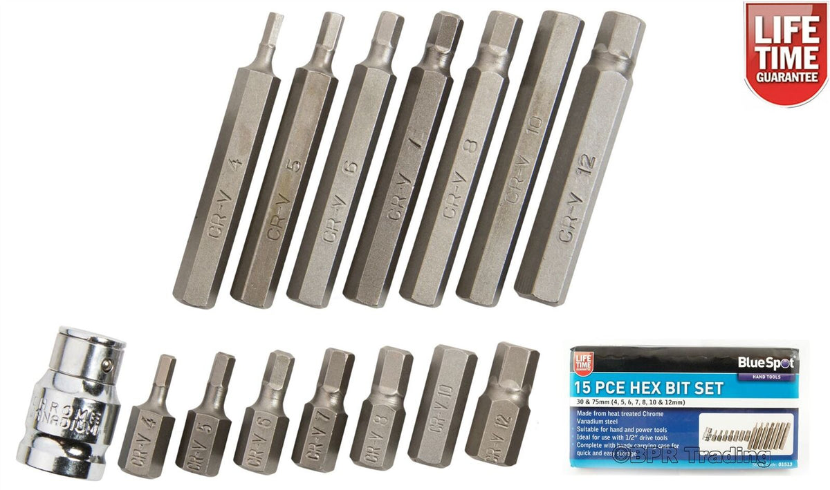 BlueSpot 15pc Allen Key Hex Hexagon 1/2" Drive Bit Socket Set H4 to H12