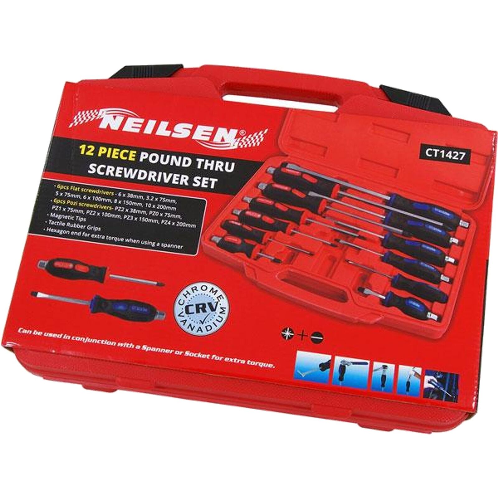 Neilsen 12pc Soft Grip Hex Pozi Flat Slotted Magnetic Go Through Screwdriver Set