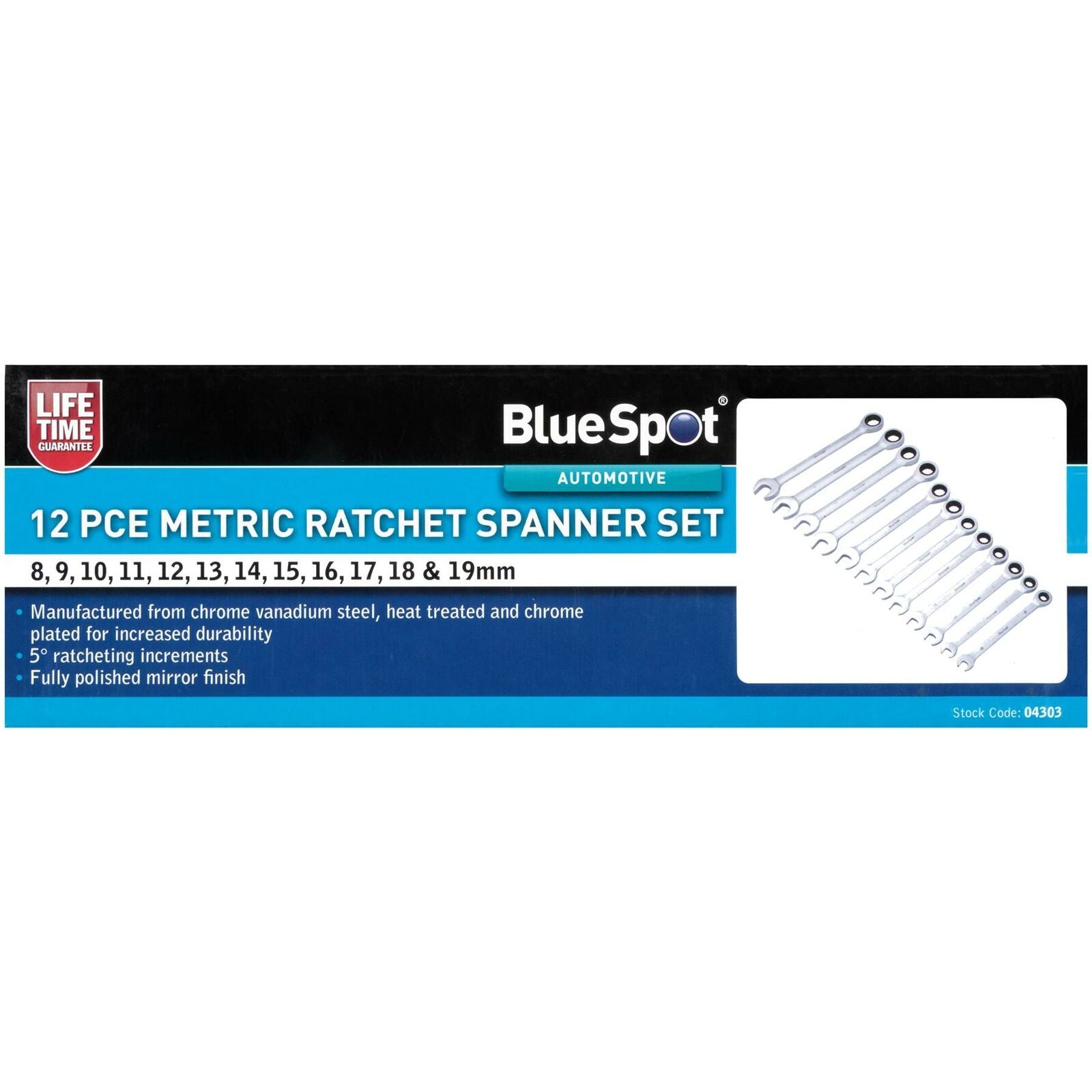 BlueSpot 12pc Combination Ratchet Spanner Set Ratcheting Ring Head 8mm - 19mm