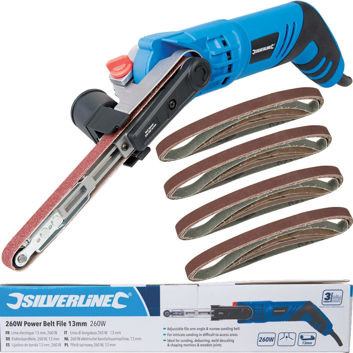 Silverline 260W Electric Power Sander Belt File With 20 13mm Sanding Belts