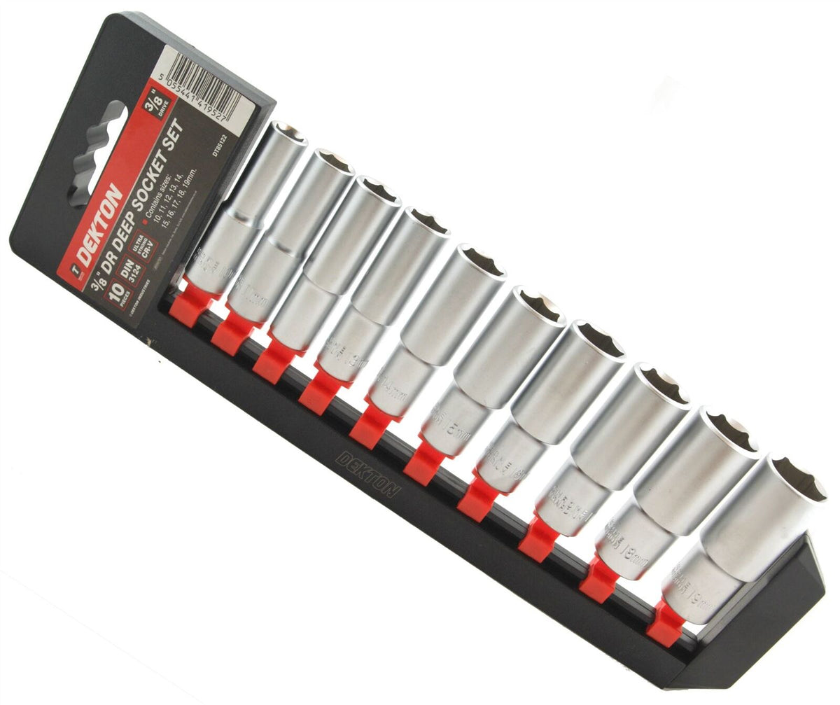 Dekton 10pc Chrome 3/8 Metric Deep Drive Long Reach Socket  Rail Set 10mm - 19mm