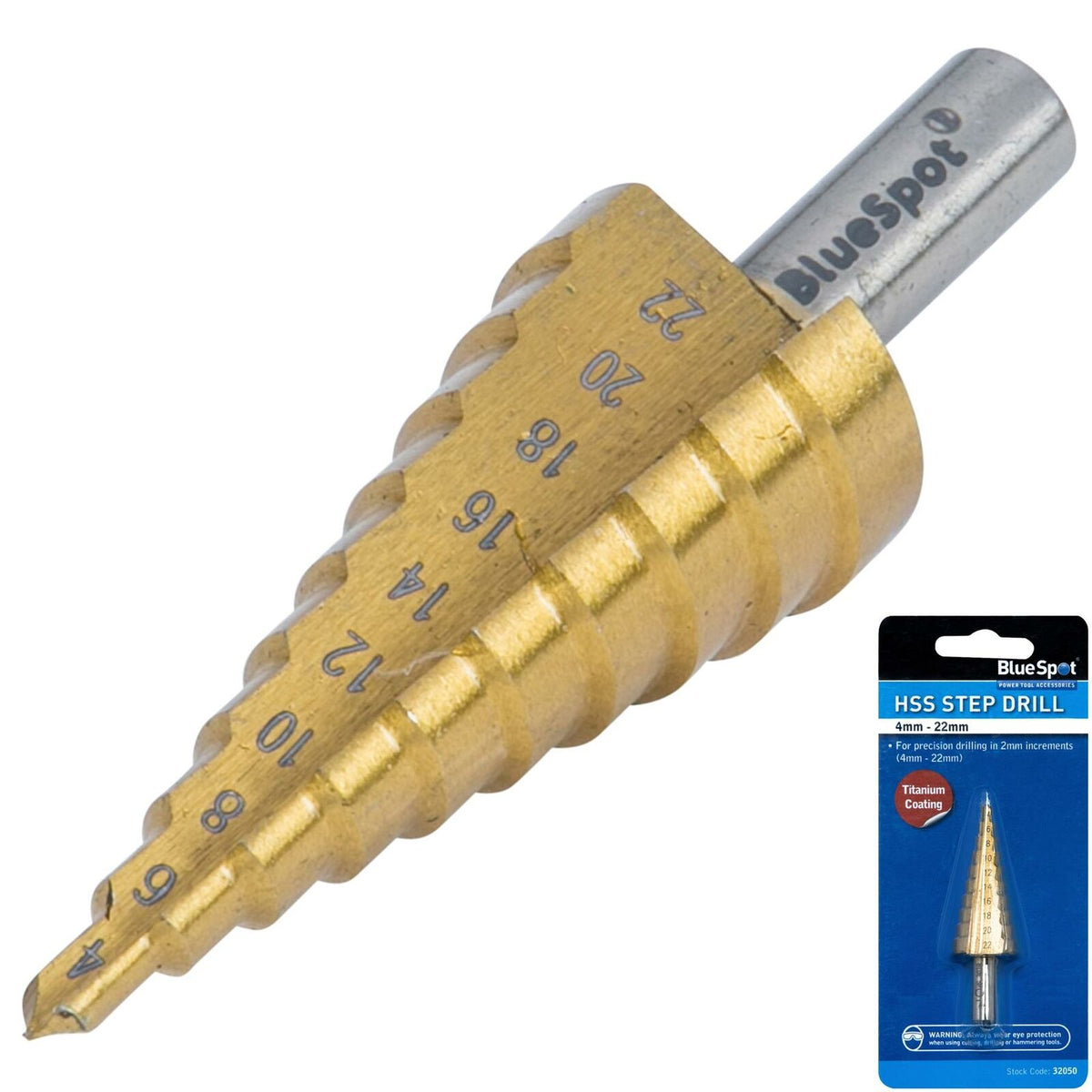 BlueSpot Tools Step Drill HSS Steel Titanium Cone Bit - Metal Cutter Tool 4-22mm for Precision Drilling