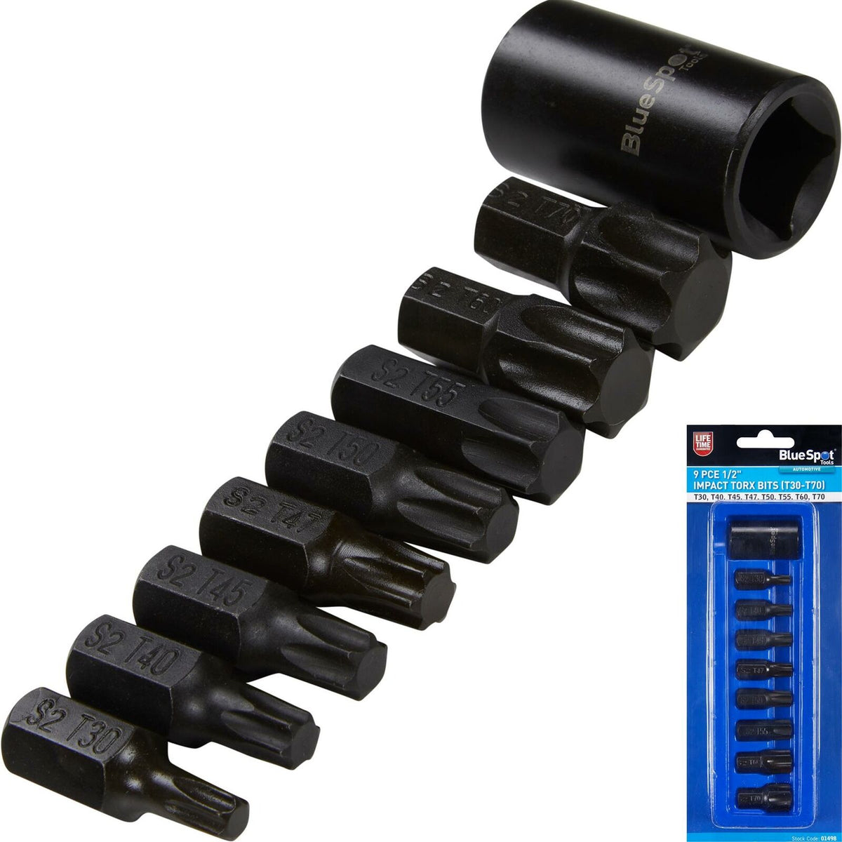 BlueSpot 9pc Impact Torx Bit Socket Set T30-T70 S2 Steel 1/2" Drive Set