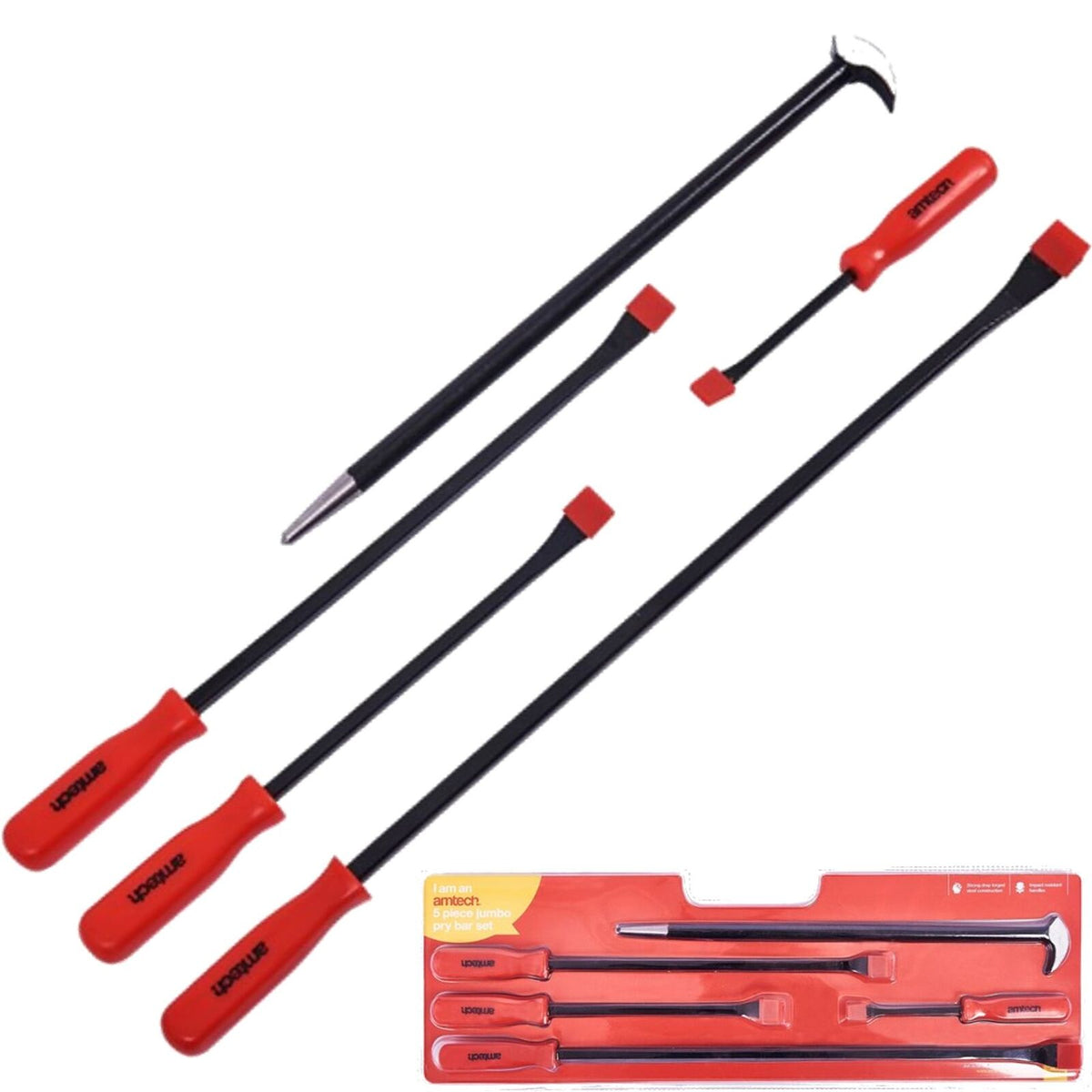 Amtech 5pc Jumbo Pry Heel Crow Lever Bar Set Wrecking Puller Bars Tool Set