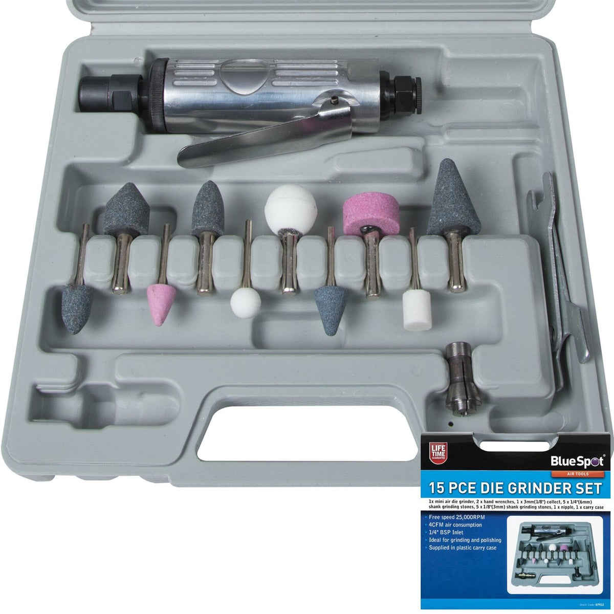 Bluespot 15pc Mini Air Die Grinder Tool Polishing Stone Set Kit 1/4" & 1/8"