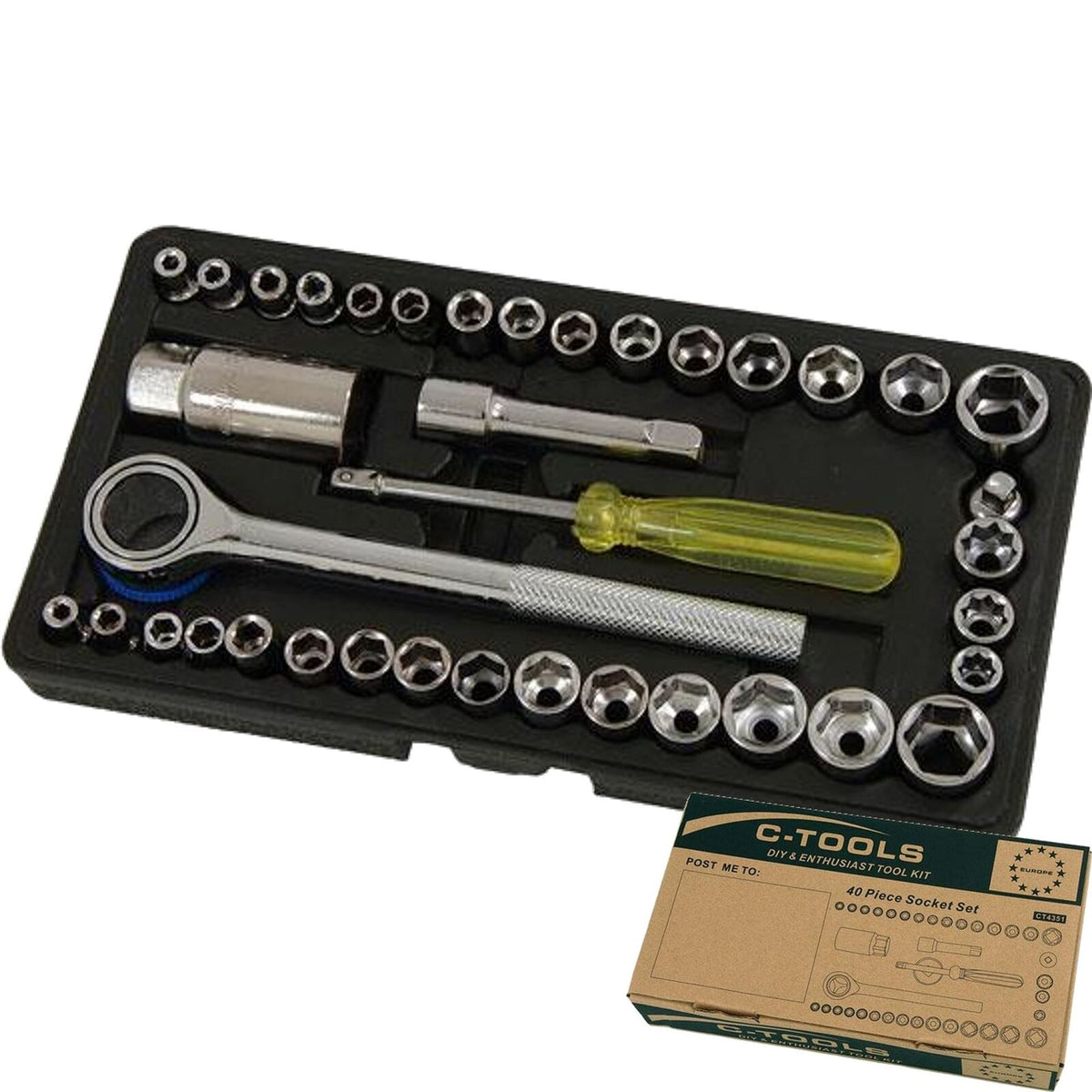 Neilsen Socket Set Metric Imperial Ratchet Extension 40 Pc 1/4" & 3/8" Drive