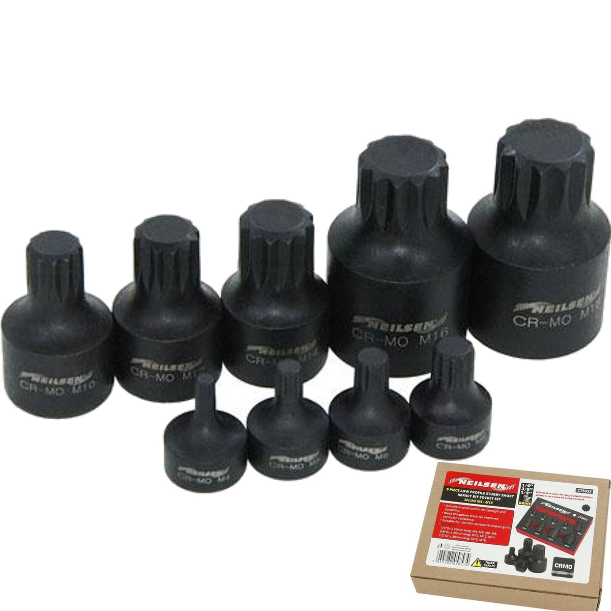 Neilsen Low Profile Stubby Short Impact Spline Bit Socket Set M4 - M18 9pc