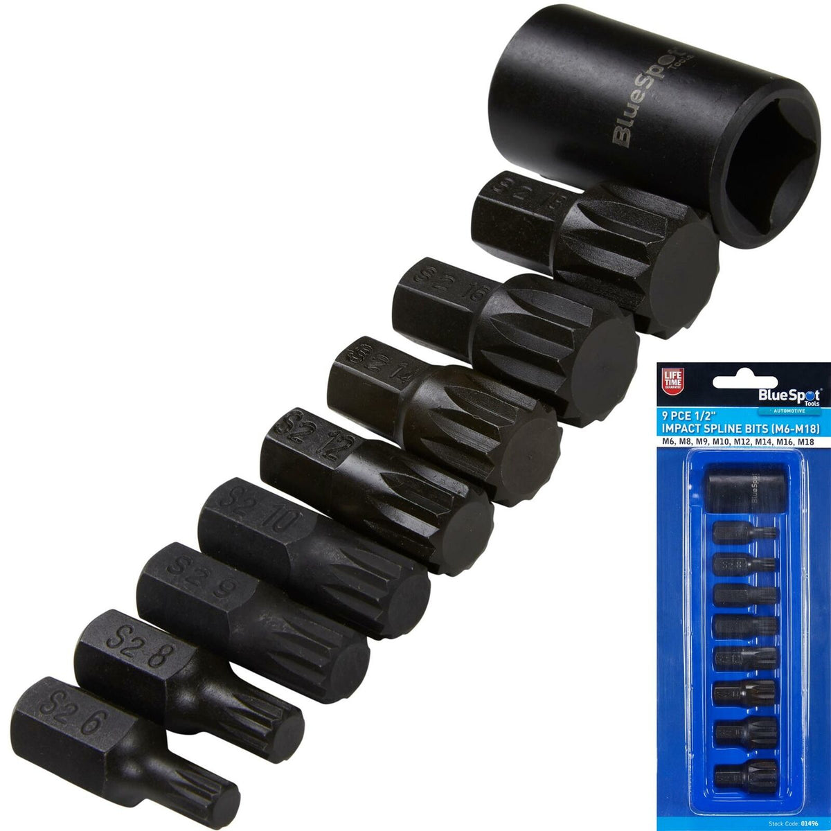 BlueSpot 9pc Impact Spline Bit Socket Set M6-M18 S2 Steel 1/2" Drive