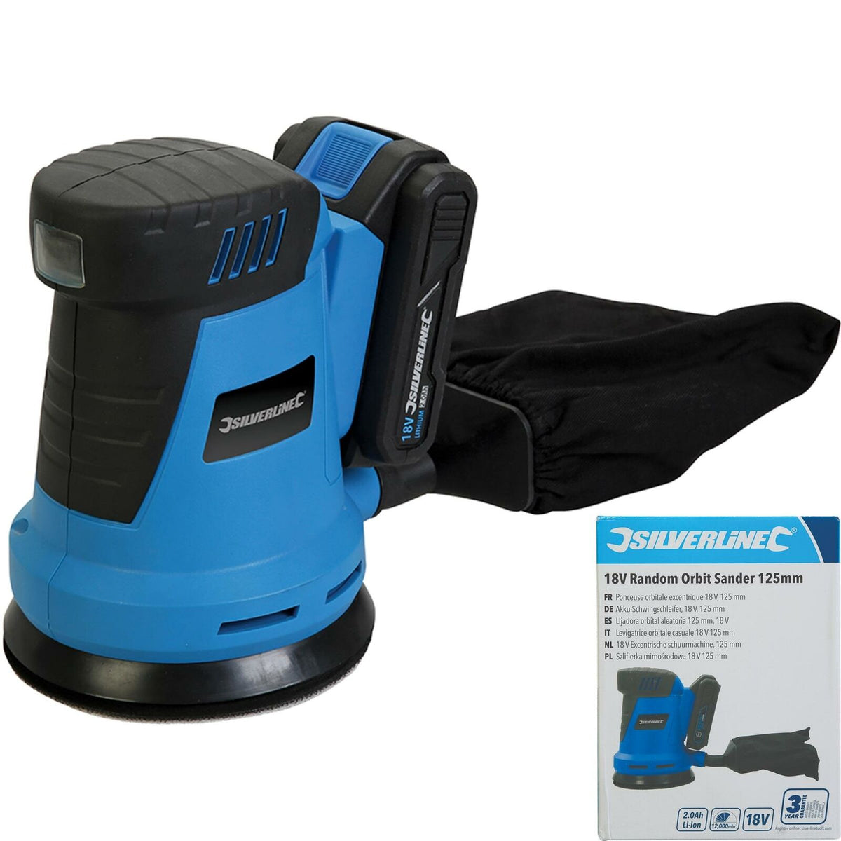 Silverline 18V Cordless Electric Random Orbital Palm Sander 2Ah Li-ion battery